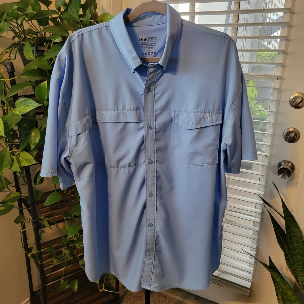 Huk Performance Fishing Shirt Mens XXL Blue Short Sleeve Button Down H1500103